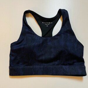 ALLFENIX Anthropologie Sports Bra Racerback Black Blue Cut Out Oil Tie Dye Sport